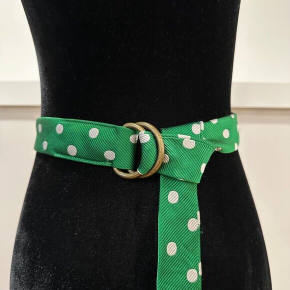 J Crew Women's Green White Polka Dot Silk D-Ring Buckle Belt Size Medium / Large - Picture 2 of 7